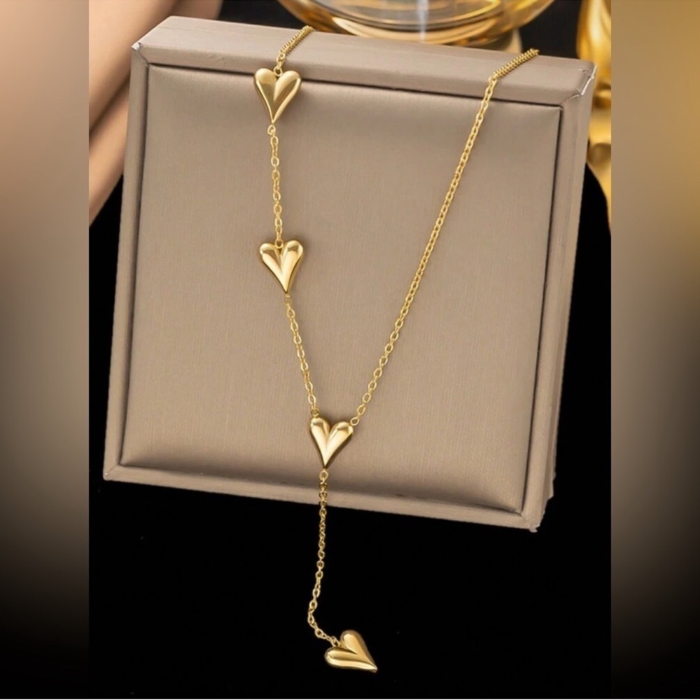 Gold Plated Stainless Steel Heart Charm Lariat Necklace